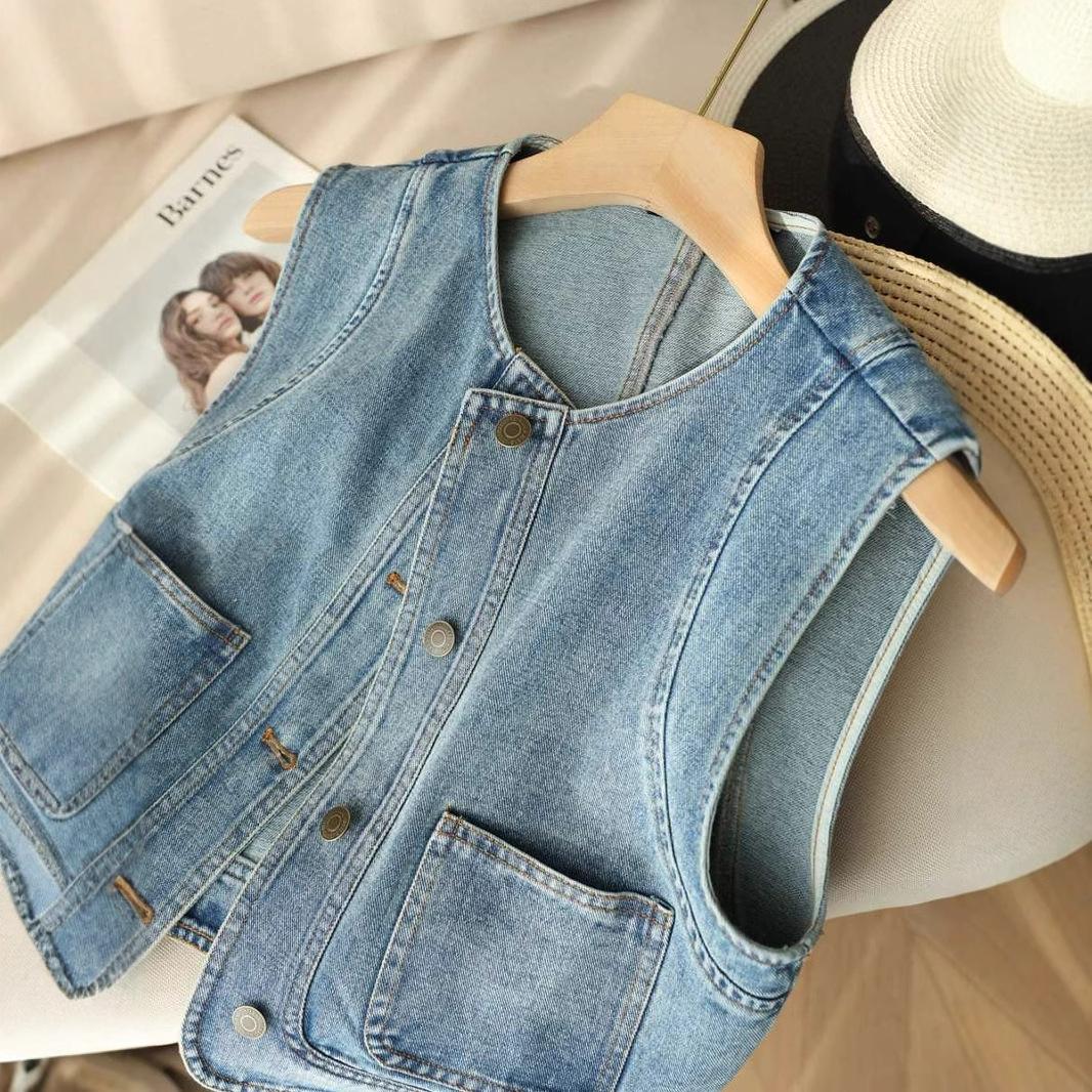 

Spring Fashion Blue Denim Vests Women Korean Loose Short Jacket Sleeveless Vest Top O Neck Cotton Vest for Women 3XL світло-синій колір