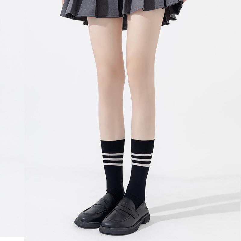 Women's Spring and Summer Thin Preppy Style Three Bar Stripes Long Leg Socks