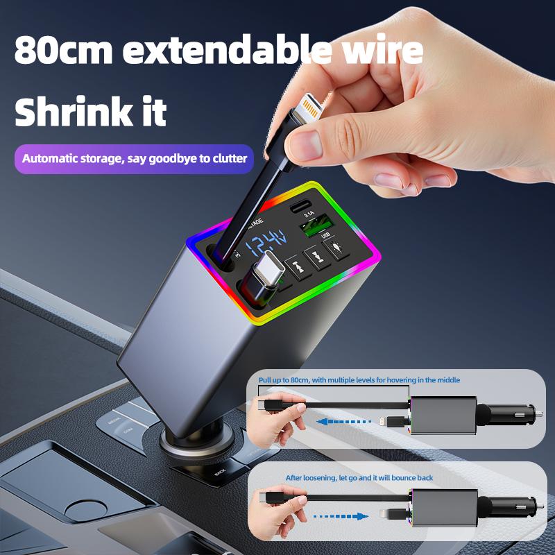 Car Bluetooth MP3 Transmitter - 4-in-1 Fast Charge Retractable Cable Car Charger with Built-in Media Player For iPhone & Android Phones