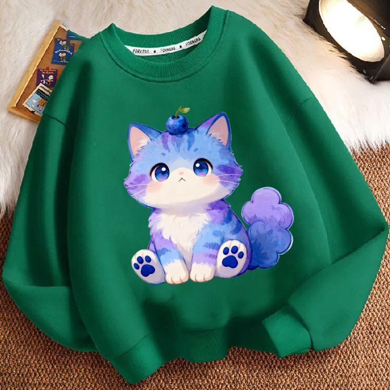 

Children s Fashionable Cartoon Kitten Hoodie for Autumn and Winter, Casual Long-sleeved Round-neck Top for Boys and Girls 160