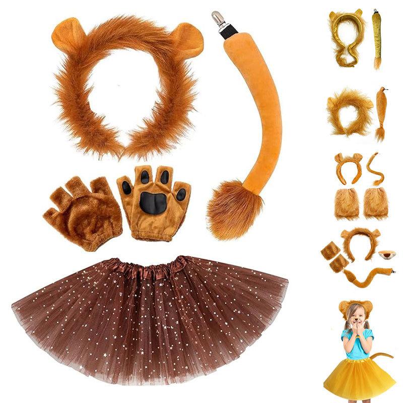 Kinder Jungen Mädchen Tier Löwe Cosplay Kostüme Ohren und Schwanz Stirnband Rock Set Zubehör Halloween Karneval Party Verkleidung