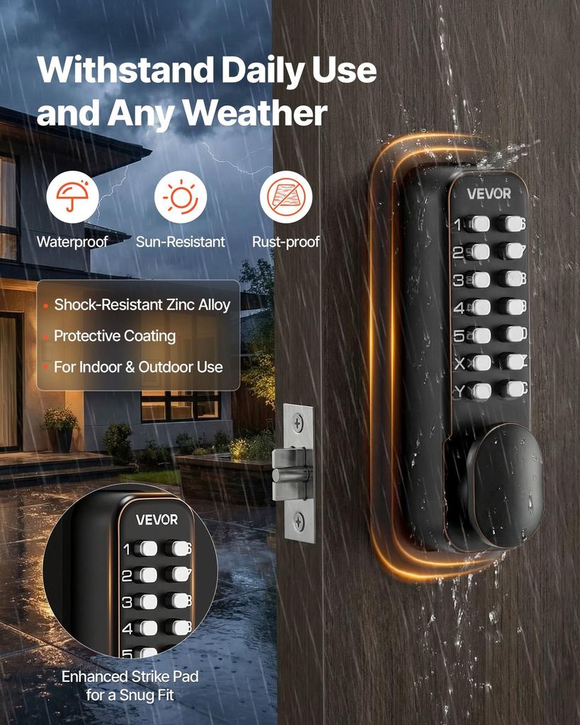 Mechanical Keyless Entry Door Lock, 2.0 Code Upgrade, 4-7 Digits Code, Double-Sided Push Button Combination Mechanical Keypad Door Knob, Auto Locking,