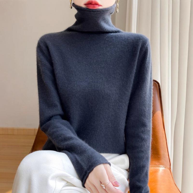 Women's High Neck Wool Sweater - 100% Pure Wool, Rolled Edge for Autumn/Winter - Versatile Cashmere Base Layer Knitwear.