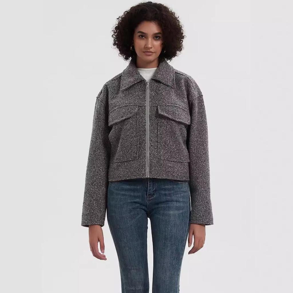 Women's European & American Style Grey Wool Coat with Turn-Down Collar, Large Pockets, for Autumn & Winter