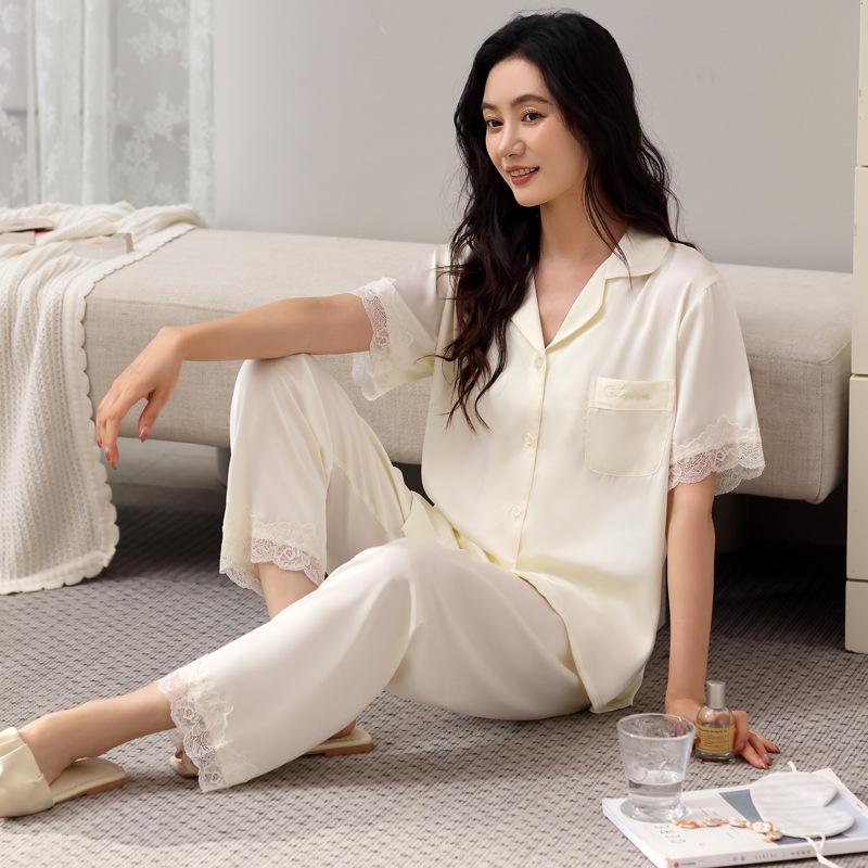 Pajamas women's short-sleeved trousers summer ice silk thin pajamas loose and comfortable high-end cardigan loungewear set