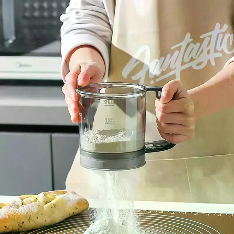 Semi-Automatic Flour Sifter Hand Press Transparent Fine Mesh Sieve BPA Free for Professional Home Chef Baking Tools