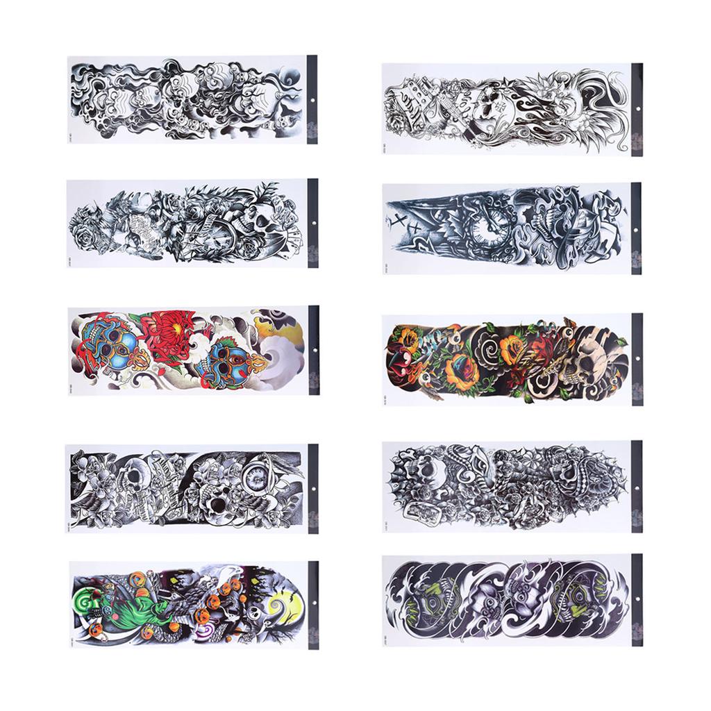 10pcs Fake Tattoo Stickers Temporary Waterproof Skull Pattern Full Arm Tattoos for Halloween