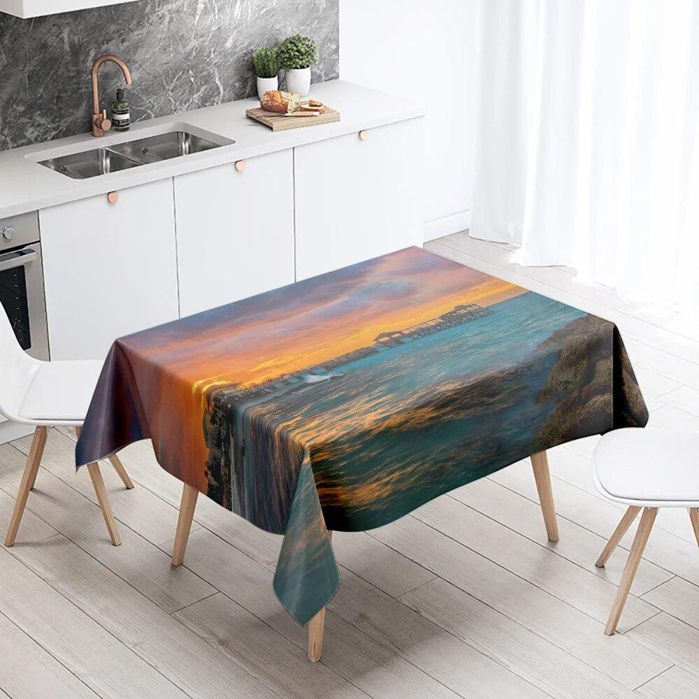 Tischdecke mit Meereslandschaft, Sonnenuntergang, schmutzabweisend, wasserdicht, rechteckig, für Küche, Esstisch, Heimdekoration
