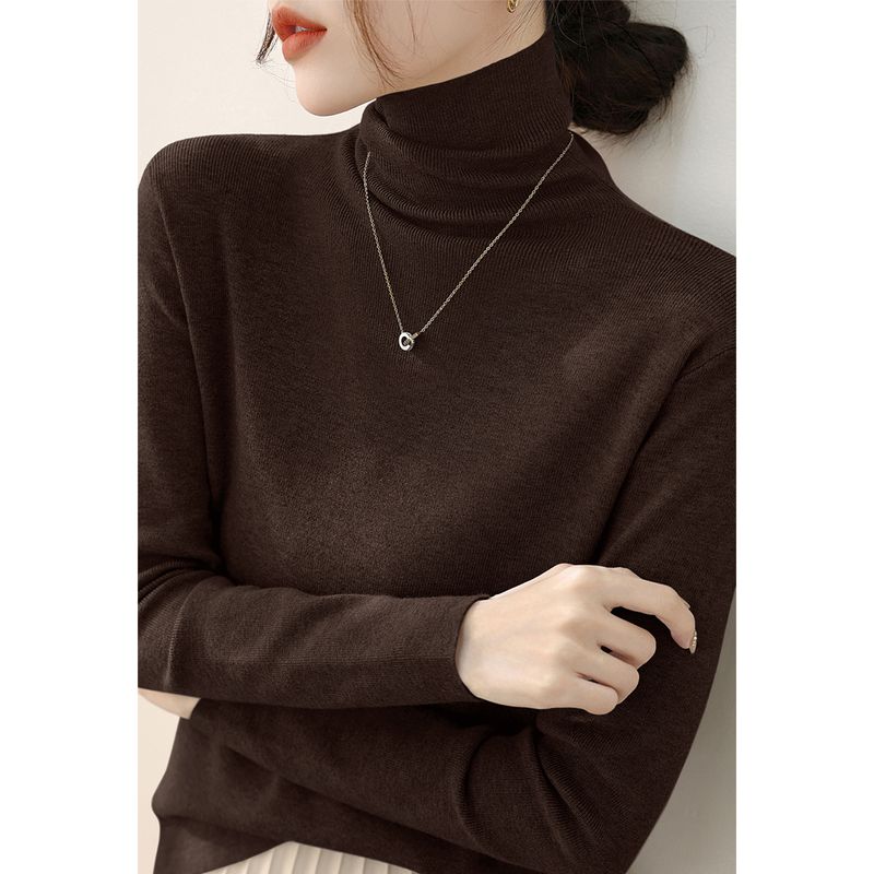 High-Grade Slim fit Pullover Pea Green Inner wear Base Women clothes Simple Pile Collar Spring Long sleeve Knit Top