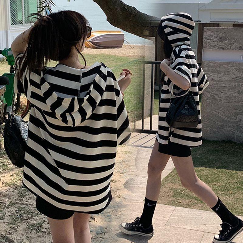 Loose Striped Hooded Short Sleeve Shirt Women's Summer Large Size Casual Small Chic Beautiful Short Top