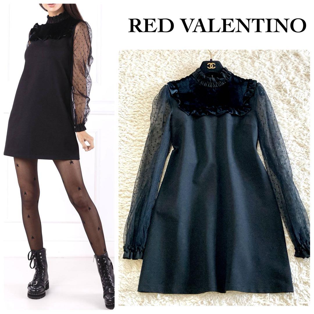 

[USED] Red Valentino Velvet Ruffle Polka Dot Tulle Dress in Black