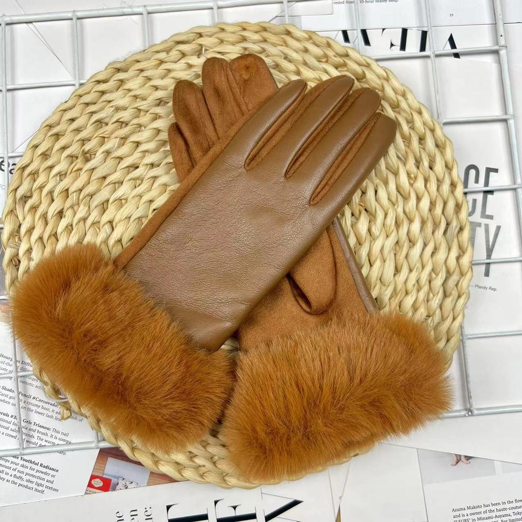 Gloves Pu Leather Deerskin Velvet Splicing Can Touch Screen Windproof Velvet Thickened Outdoor Riding Driving Leather Gloves Women