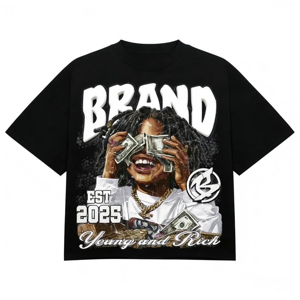 Fashionable American Unisexs summer wealth figure letter print micro elastic breathable round neck Tshirt outdoor street style to