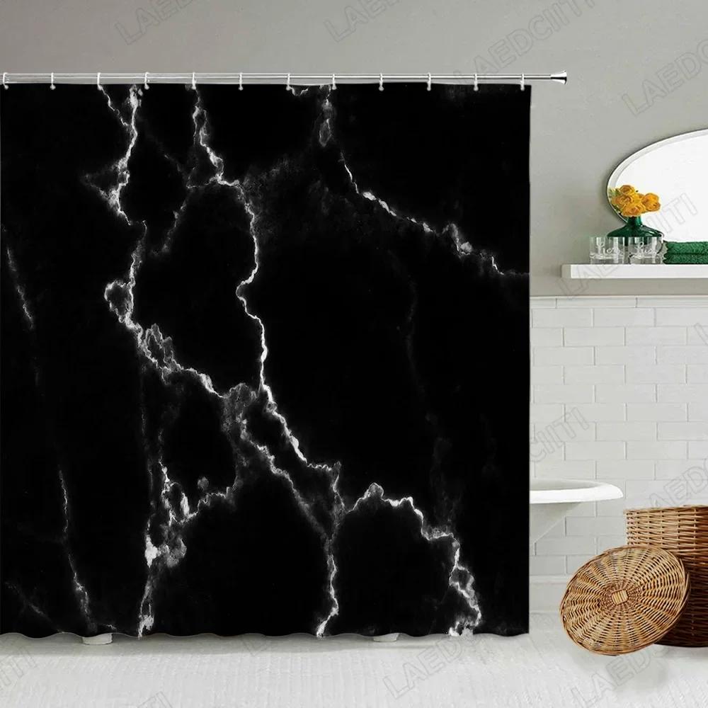 Abstract Marble Shower Curtain, White Gray Black Gold Blue Green Textured Stripe Simple Modern Ink Art, Bathroom Decorative