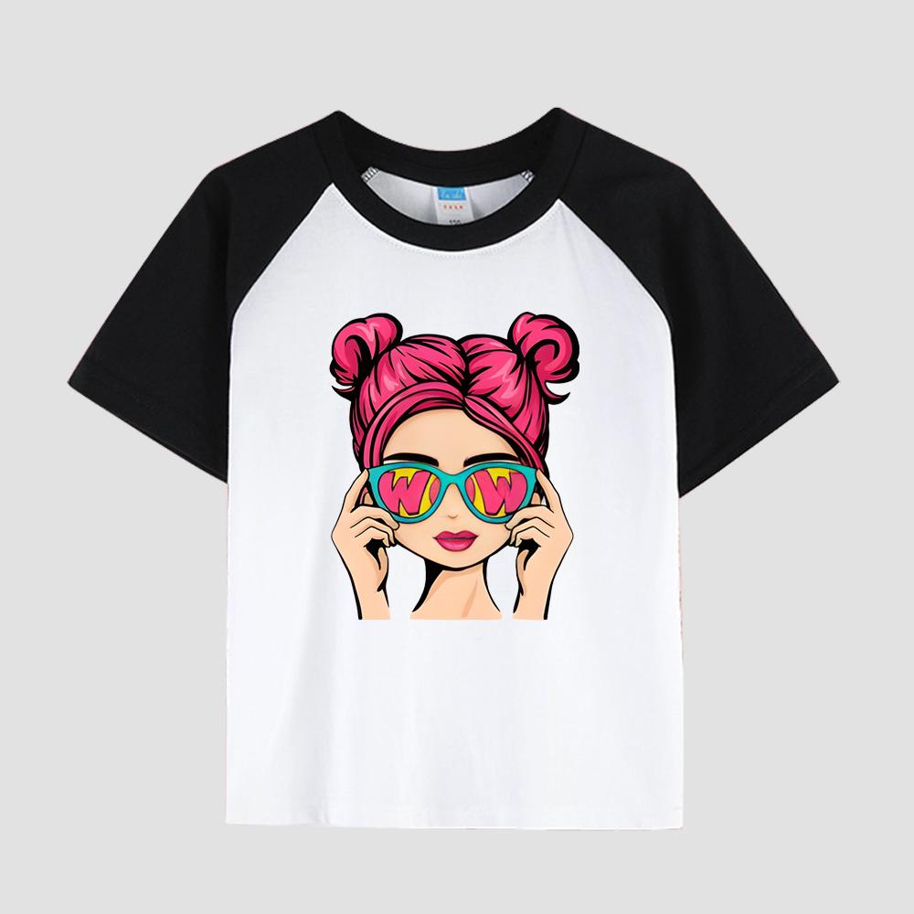 Dívčí ležérní tričko s krátkým rukávem a potiskem, bavlněná tkanina, dětský módní letní top