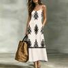 Women Sleeveless V Neck Maxi Dress Summer Bohemian Style Long Slip Dress with Embroidered Pattern and Adjustable Straps for Casual Wear