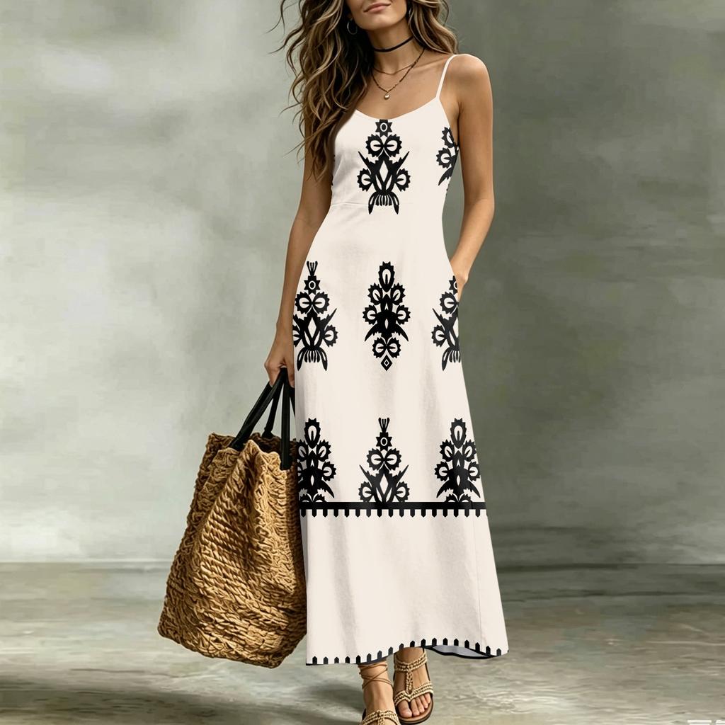 Women Sleeveless V Neck Maxi Dress Summer Bohemian Style Long Slip Dress with Embroidered Pattern and Adjustable Straps for Casual Wear