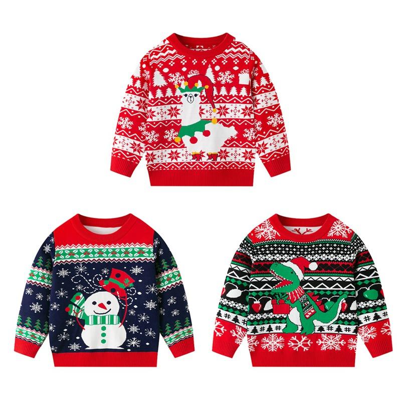 2-7 Years Kids Christmas Style Printed Sweater Round Neck Knitted Sweatshirt