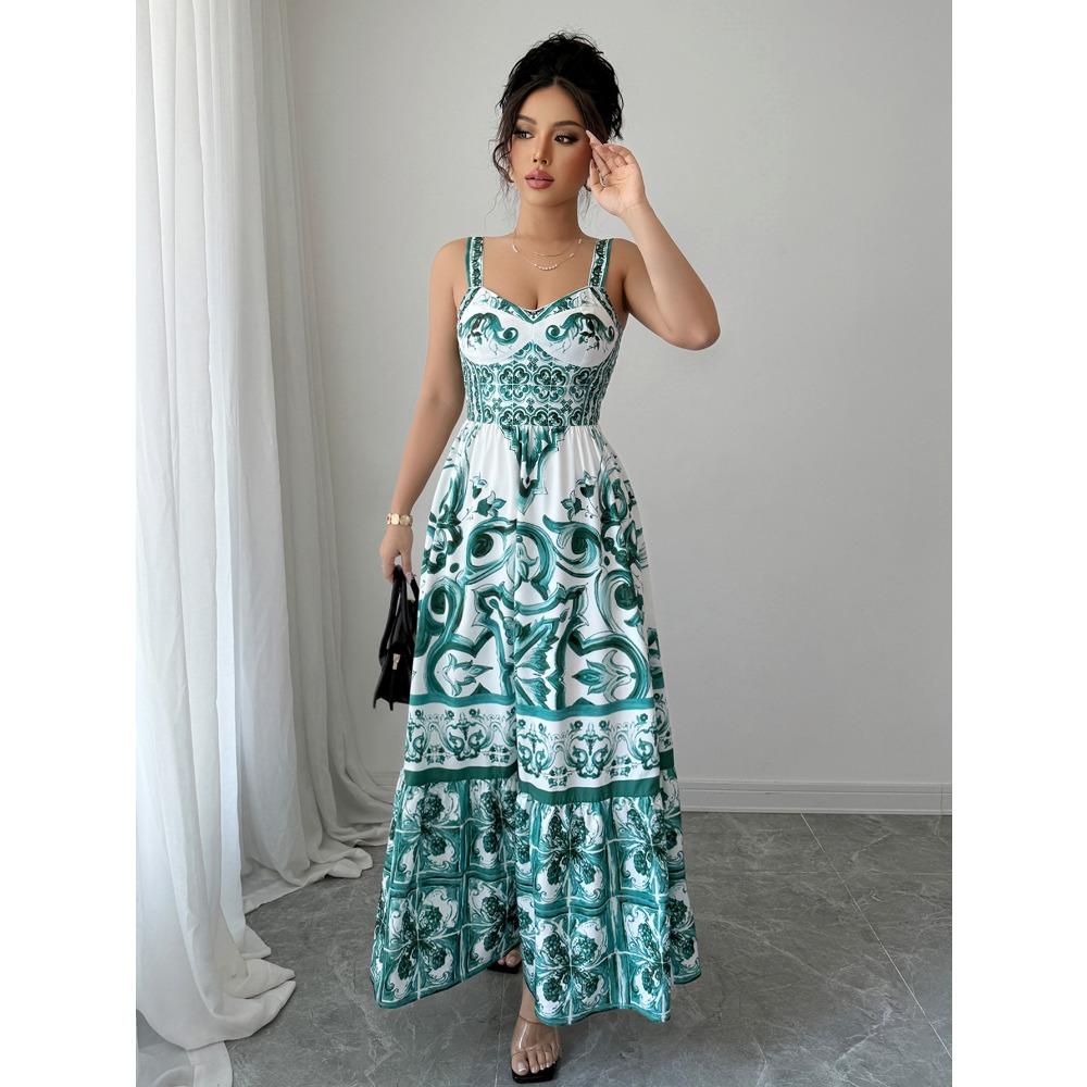 Casual Simple Suspender Printed Long Skirt Dress Women's Autumn and Winter 2025
