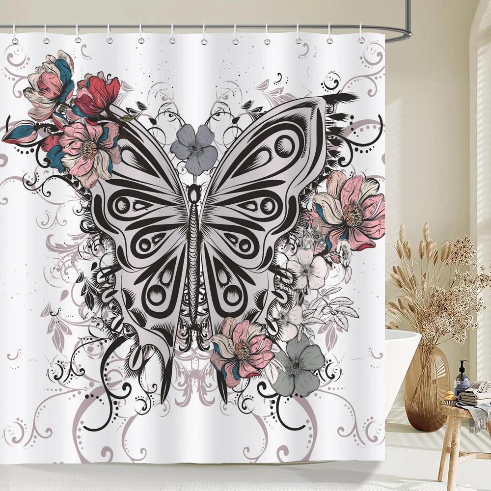 Beautiful Butterfly Shower Curtains Waterproof Fabric Colored Flowers Bath Curtain Bathroom Bathtub Decoration with Hooks