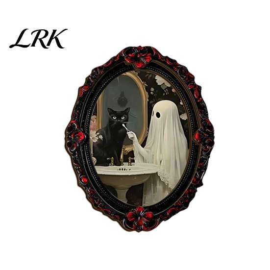 Retro Black Embossed Photo Frame Gothic Halloween Refrigerator Magnet, Distressed Oval Frige Magnets, Dark Waterproof Oil Painting Art Style Skeleton