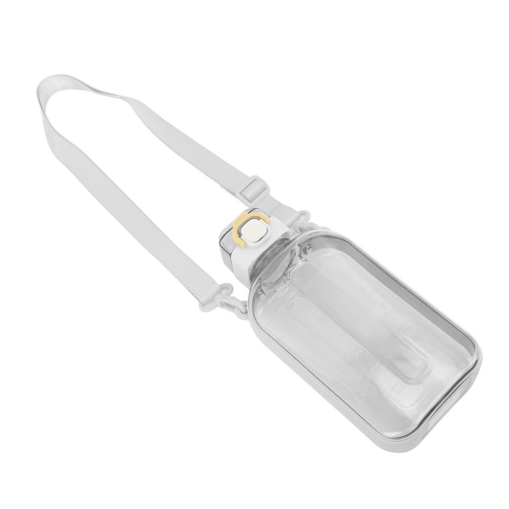 Flat Water Bottle 750ml PC Clear Leak Proof Portable Slim Sports Water Bottle with Scale and Carrying Strap for Travel