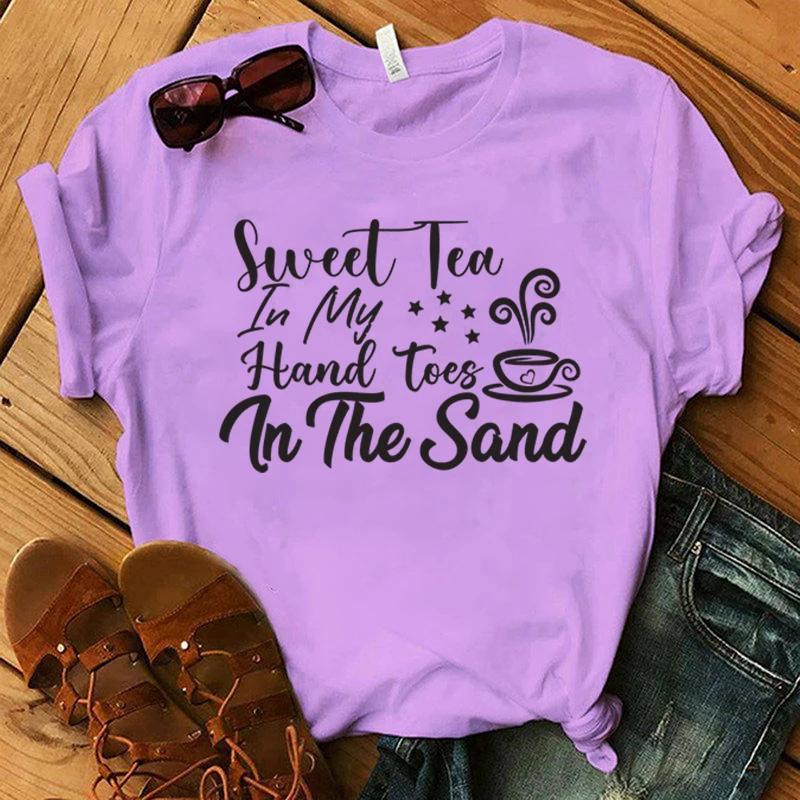Funny Sweet Tea In My Hand Toes In The Sand Print T-Shirt Summer Letter Print T Shirt Women Men Short Sleeve Loose Shirts