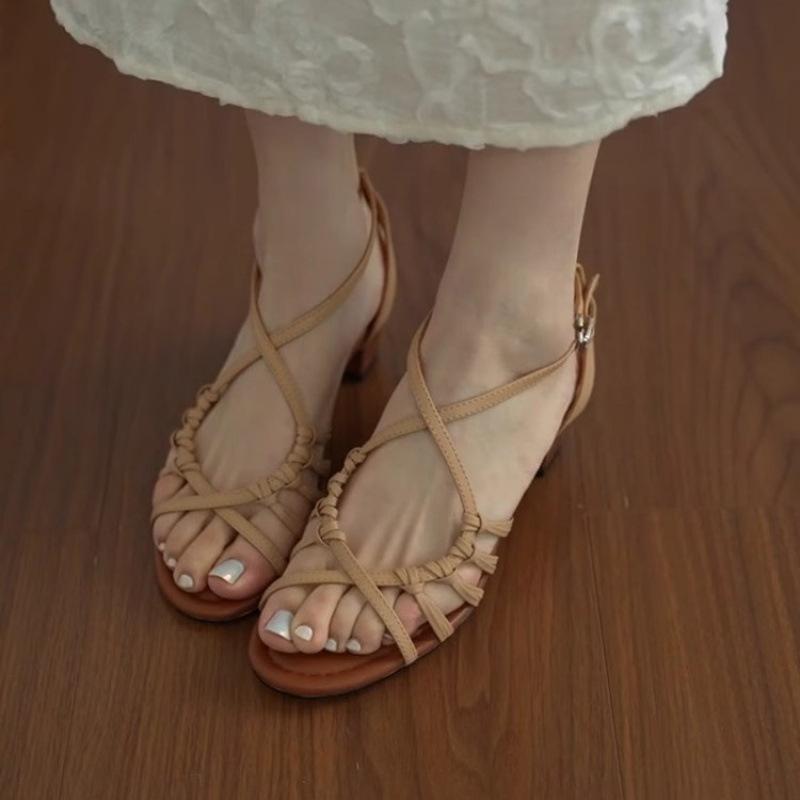 Sheepskin version~ Hand-woven hollowed-out vacation style high-heeled Roman shoes women's summer open-toed temperament with skirt sandals