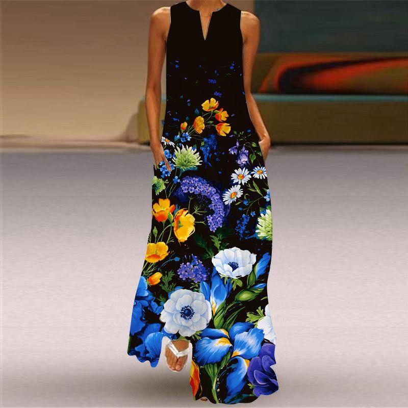 2025 New Summer Women's Clothes Sleeveless Maxi Dress V-neck Print Emerald Flower Dress Fashion 3D Cross-Border Beach Dress