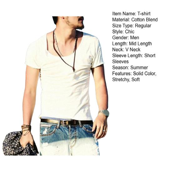 Men T-shirt Large V Neck Thin Solid Color Slim Fit Soft Short Sleeves Mid