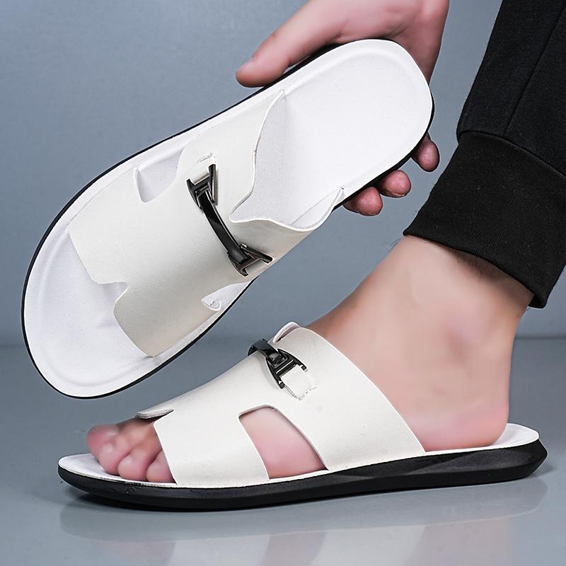 Herren Schwarz Leder Pantoffeln Flach Sommer Braun Sandalen Outdoor Weiß Breite Spitze Strandschuhe für Vater Übergröße 46 47 48