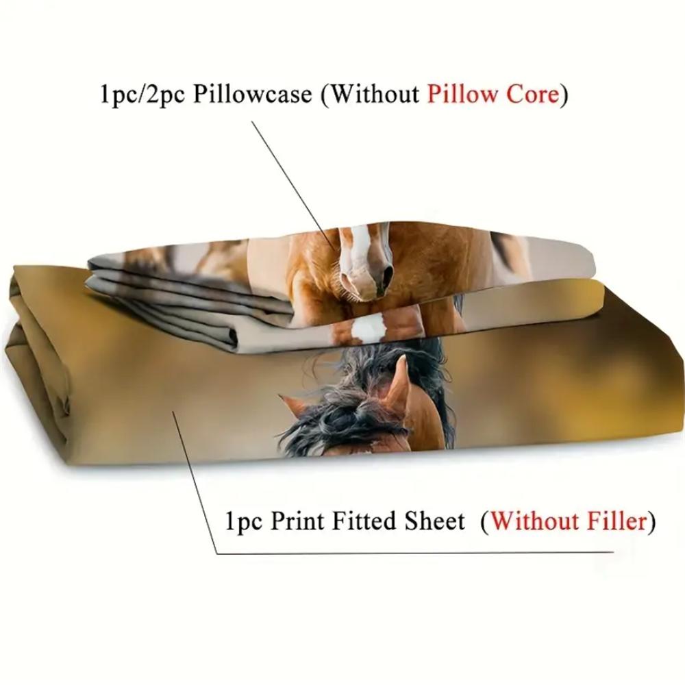 2/3pcs Vibrant Horse Natural Animal Sand Print Fitted Sheet Set - Soft 100% Polyester Material, Breathable, Hypoallergenic