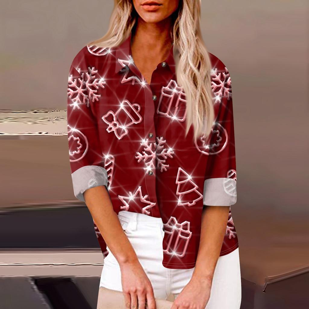 Women's Loose Casual Long-sleeved Christmas Print Shirt Print And Pocket Cardigan