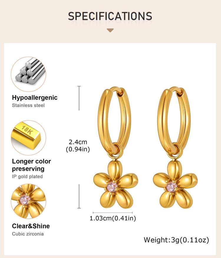 Vintage Luxury Zircon Flower Charms Huggies Hoop Earrings,18k Gold Plated Stainless Steel Earrings, Christmas Gift for Her