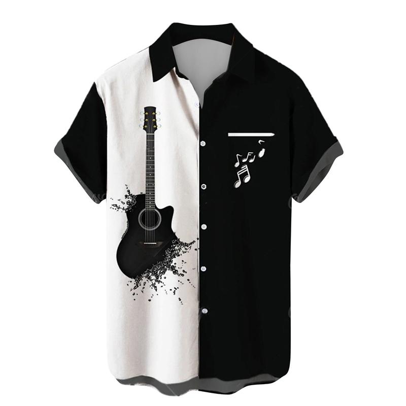 Shirts For Men Music Guitar3d Print Rock Hip Hop Tops Male Clothing Short Sleeve V-Neck Beach Shirts