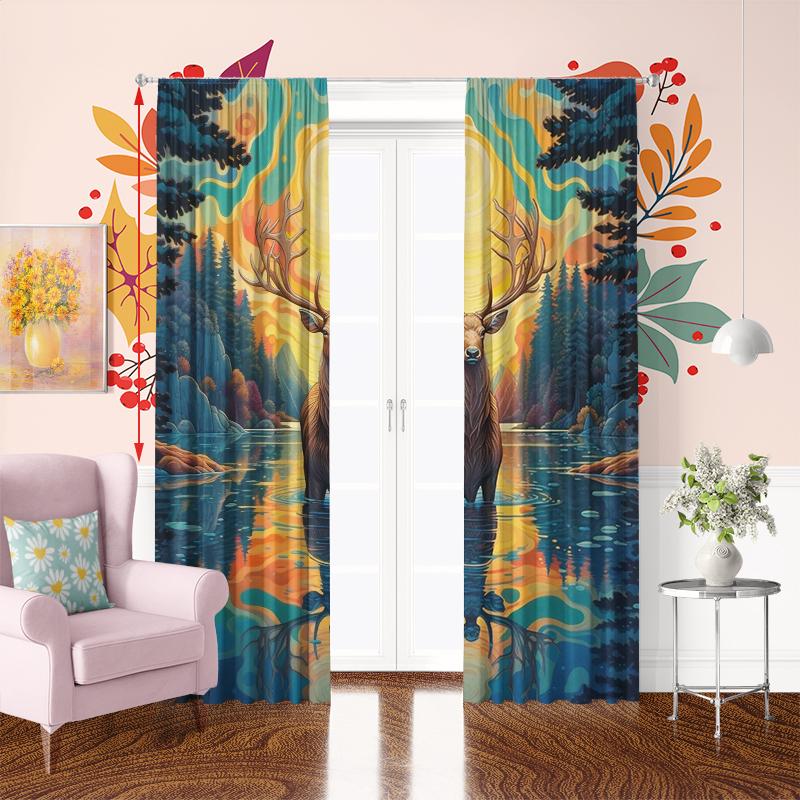 Moose Portrait - Printed Curtain, Polyester Semi-transparent 2pcs Curtain - for Living Room Decor, Home Decor (excluding Poles)