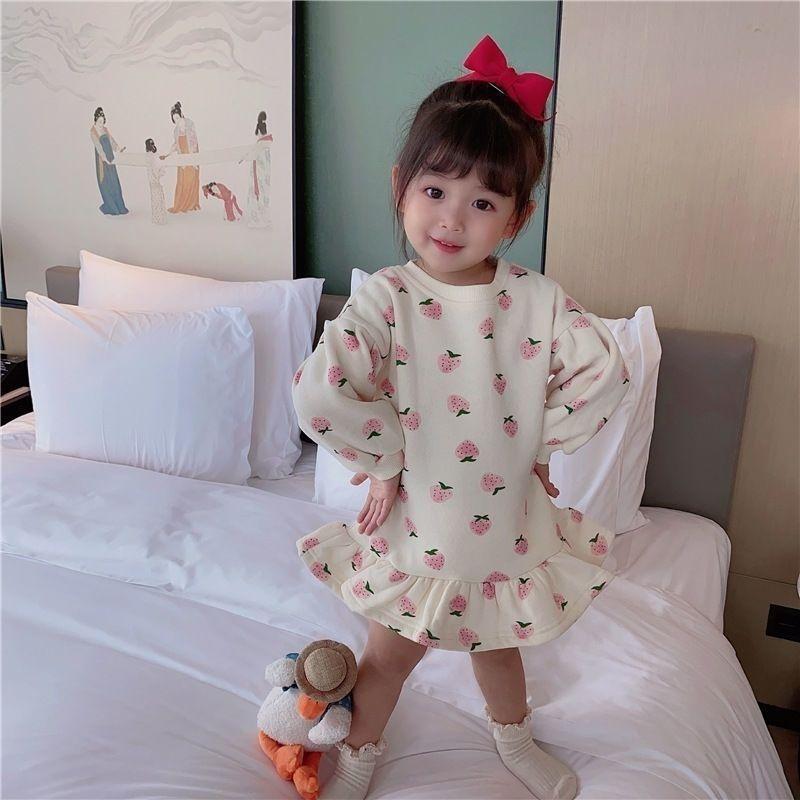Girls Plush Sweatshirt Dress German Velvet Dress Children's Baby  Polka Dot Flower Bud Skirt