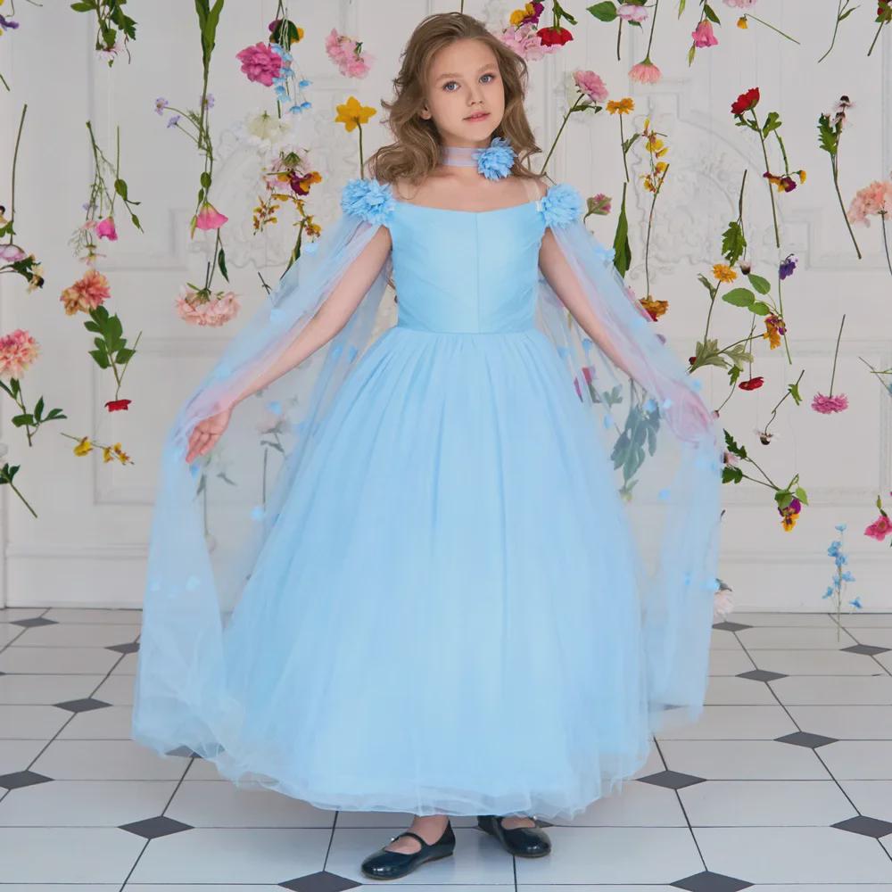 Off-Shoulder Princess Dress with Long Cape for European & American Girls - Fluffy Yarn Catwalk Costume