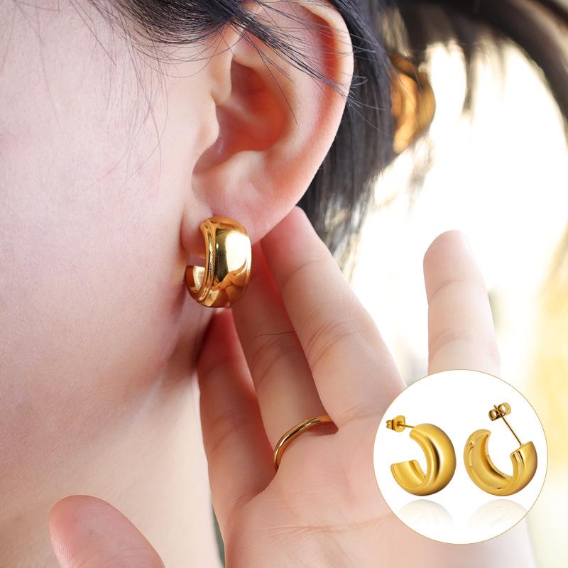 Elegant French C-Shaped Wide Noodle Stud Earrings - High-Quality Gold Plated Stainless Steel