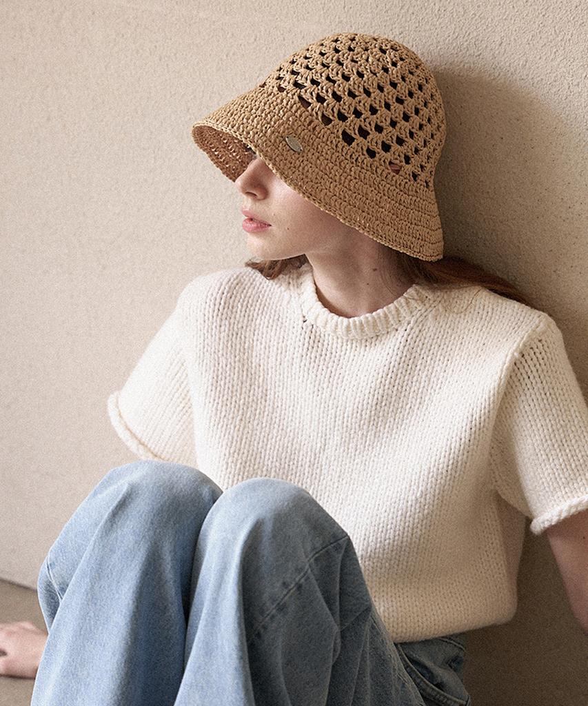 Seullouseulloulli Cappello a Secchiello in Rafia Uncinetto Fatto a Mano Frutta _ Beige Naturale