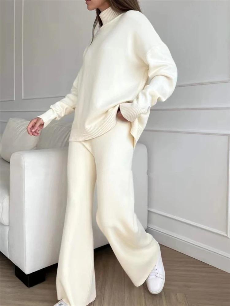 High-Quality Solid Color Knit Set: Women's High Neck & Wide Leg Pants Two-Piece for Autumn/Winter 2025