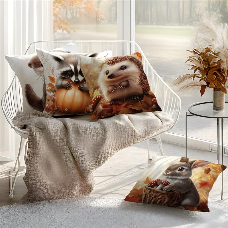 Home Decor Autumn Animals: Bunny, Raccoon, Hedgehog, Otter Pattern Cushion Cover Suitable for Sofa Bedroom Car Pillow Cover