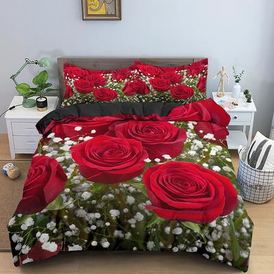Rosen Bettbezug Set 3D Druck Rote Blume Bettdeckenbezug Romantisches Thema Liebe Element Für Mädchen Frauen Kind Polyester Bettwäsche Set
