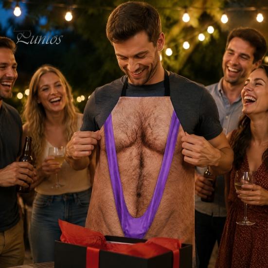 Funny White Elephant Gifts 3D Hairy Men's Body Apron, Novelty Muscle Print BBQ Gag for Men Cooking Bib, Adjustable Polyester Kitchen Apron Grilling