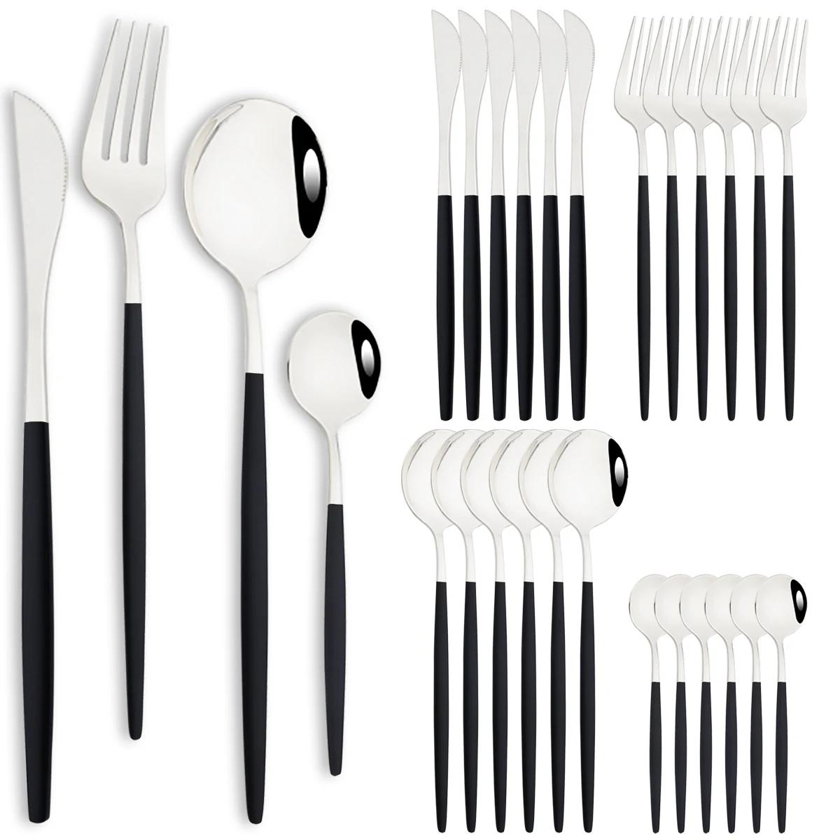 

Набор столовых приборов 24 шт. Нож Кофейная ложка Вилка Набор посуды Черное золото Нержавеющая сталь Набор столовых приборов Зеркальные столовые приборы Западная кухонная посуда