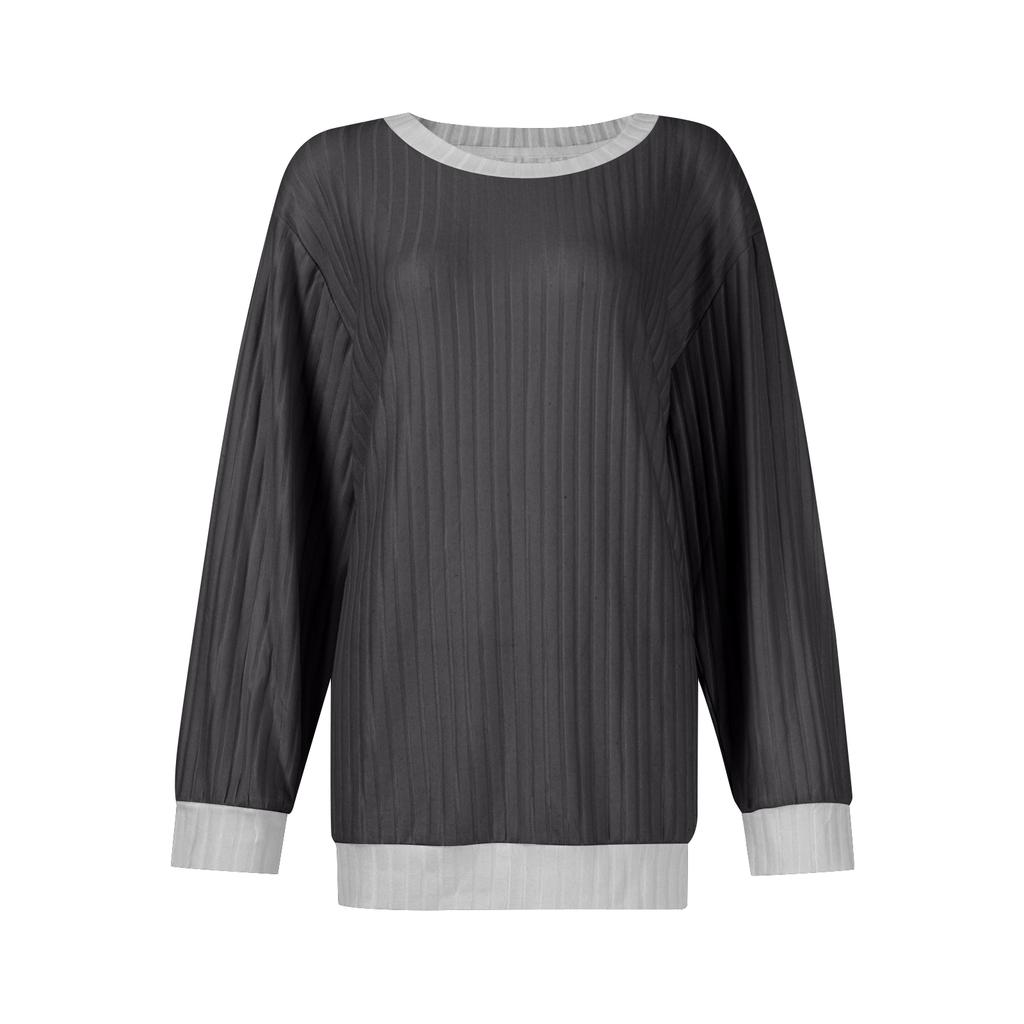 Women's Winter Color-Block Printed Lightweight Brushed-Cotton Round Neck Top