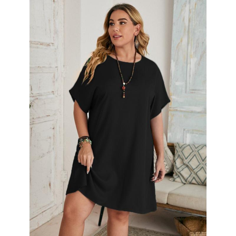 

DAFIFY Женская мода лето весна однотонный принт короткий рукав О-образный вырез свободная талия повседневные платья XXXXXL чёрный