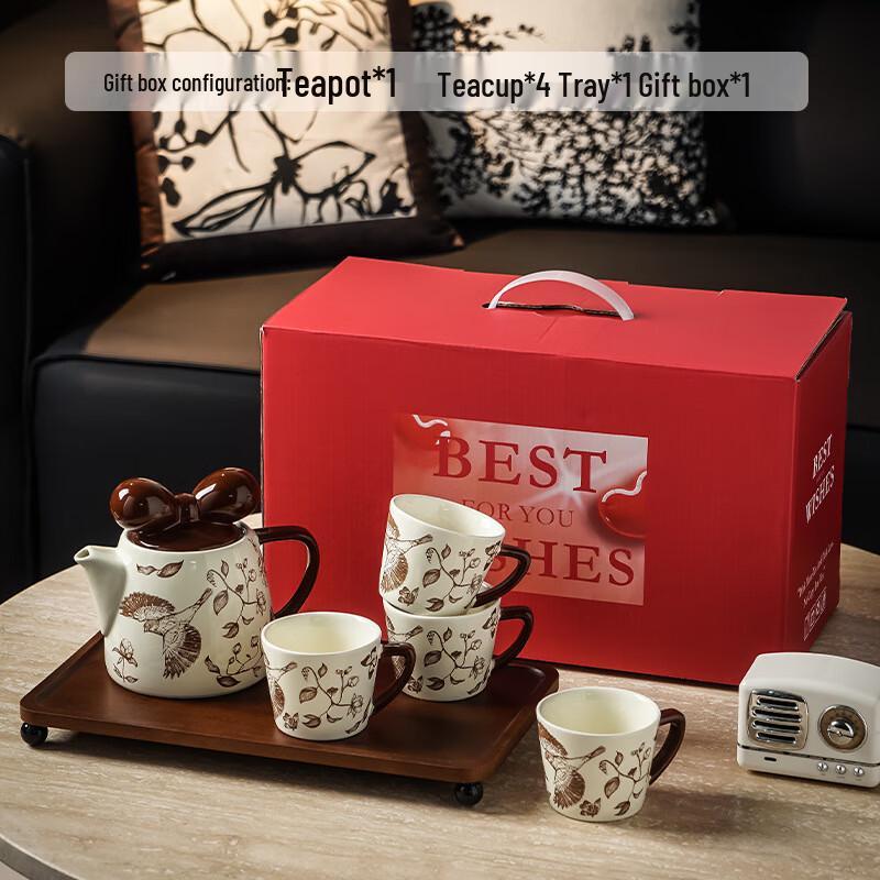 Cute Ceramic Flower Bird Tea Set with Tray Gift Box