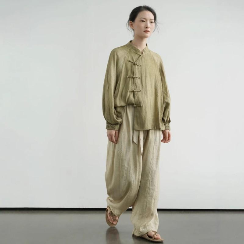 Johnature Women Vintage Bandage Straight Pants Solid Color Summer Elastic Waist Loose Pockets Female Long Trousers