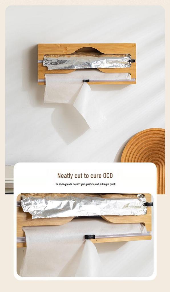 Wall-Mounted Bamboo Foil & Cling Film Cutter with Storage Compartments and Slide Knife